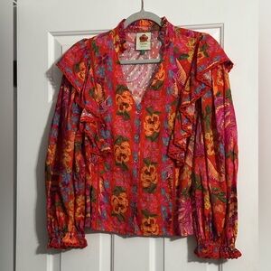 Farm Rio Floral Long Sleeve Button Down Blouse Size L